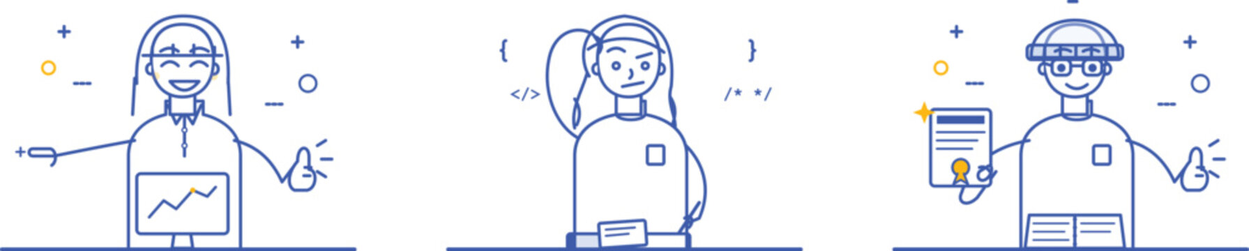 Group of professional characters with business data coding and certification concepts.