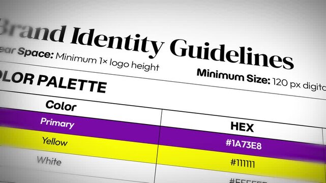 4k footage of brand identity guidelines showing color palette with purple yellow and white for commercial design use