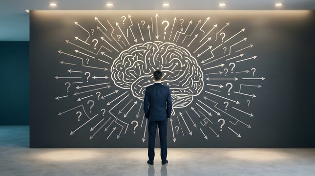 Man contemplating a brain with question marks and arrows