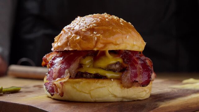 Hands assembling a bacon double cheeseburger with melted cheese on a sesame bun, no vegetables