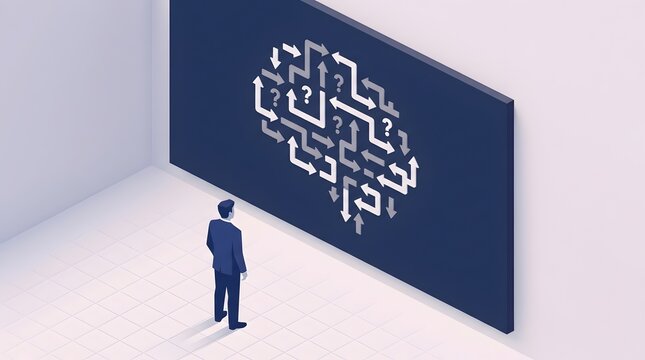 Man in suit looking at brain made of arrows and question marks