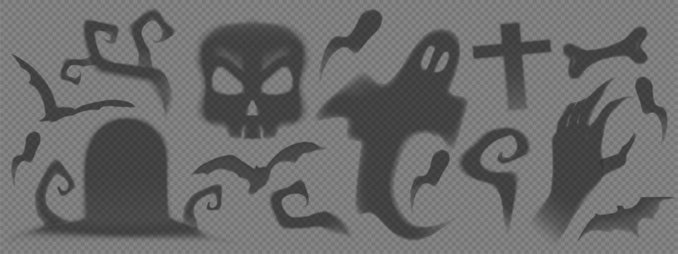 Spooky Halloween ghost shadow set isolated on transparent background. Vector realistic illustration of creepy cemetery tomb, monster hand, skull, flying bat silhouettes, fog effects for horror designs