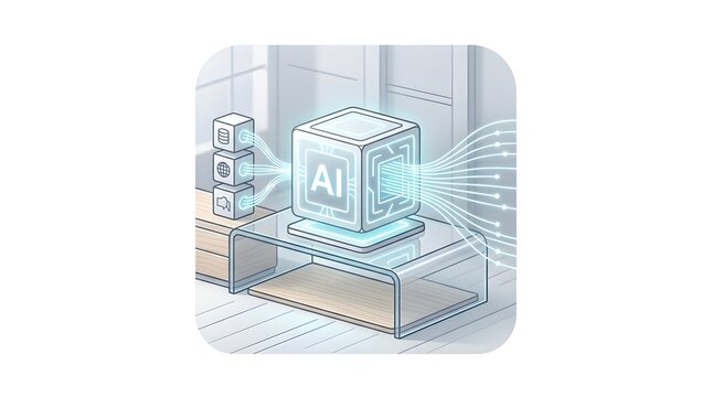 3D illustration of a glowing artificial intelligence cube processing data streams on a glass table in a modern smart home or office environment