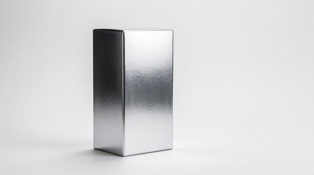 Metallic silver box stands upright on clean white surface. Simple tall rectangular container reflects light, ideal for product mockups and luxury branding visuals.