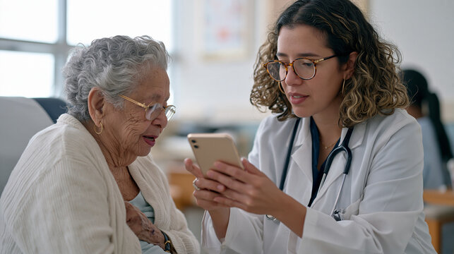 A nursing home intake nurse photographs a new resident's skin assessment during admission, the clinical documentation process taking place in a well lit examination room,