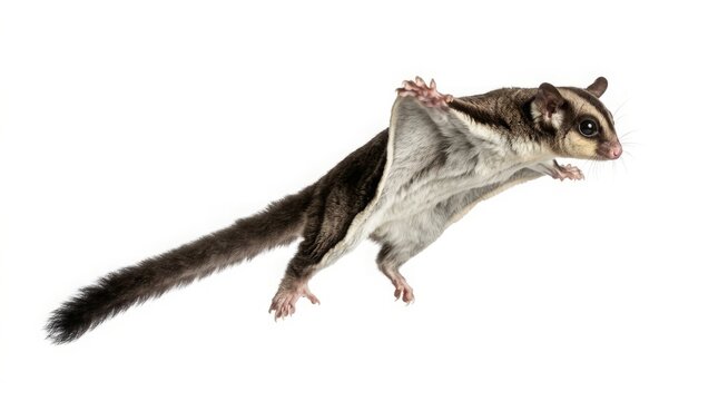 Majestic Sugar Glider in Mid-Air Gliding Motion Isolated on White Background