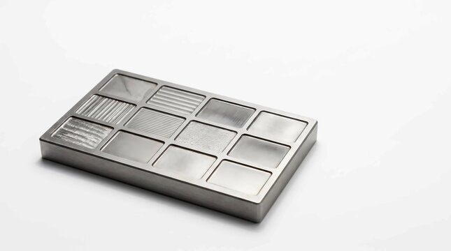 Brushed metal plate featuring multiple unique engraved surface textures arranged in a grid pattern against a clean bright white background