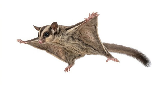 Majestic Sugar Glider in Mid-Air Gliding Motion Isolated on White Background