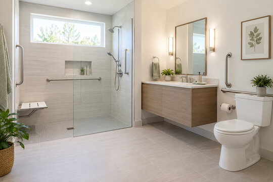 Accessible bathroom with grab bars and shower seat