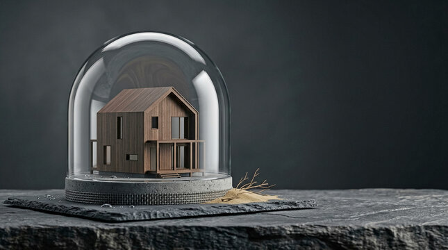 A miniature wooden house model encased in a clear glass dome, sitting on a textured stone base against a dark, moody grey background, with soft lighting