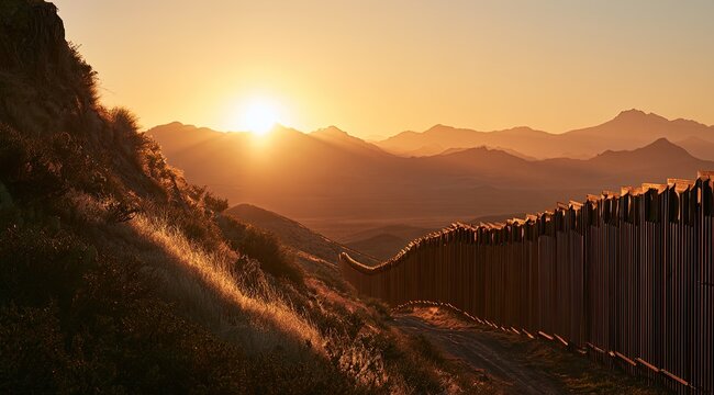Arid borderland at sunset, sun breaking over rugged hills, casting warm light on fence