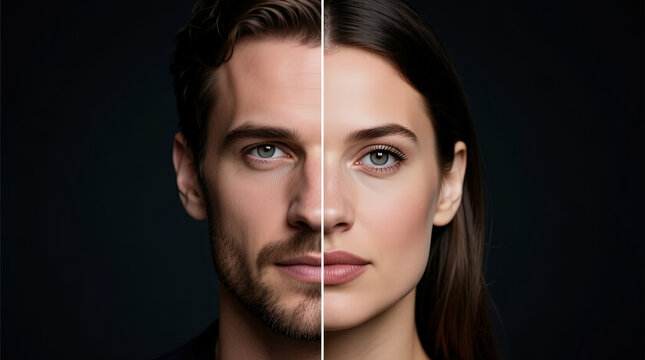 Conceptual portrait showing split face comparison of a man and a woman.