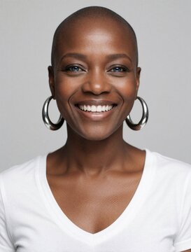 Black woman, bald head, smiles warmly wearing white shirt and large hoop earrings. Her striking blue eyes and confident expression convey beauty and self assurance, a modern female look.