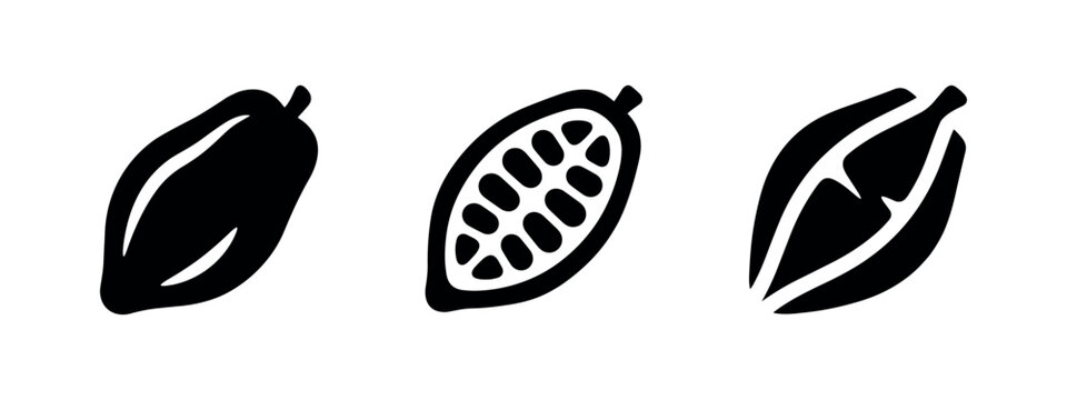 Collection of three black cocoa pod icons on white background