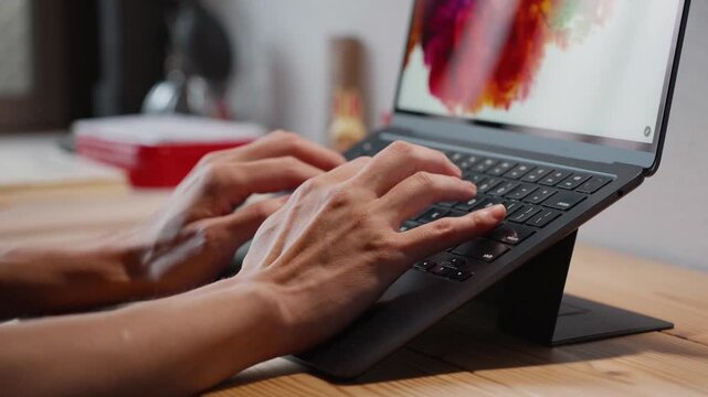 Typing on Tablet with Detachable Keyboard at Desk Slow Motion 4K