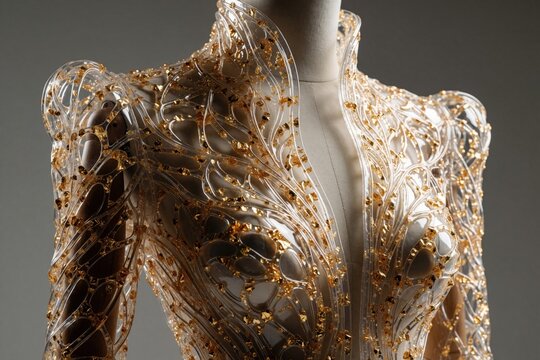Transparent 3D printed couture jacket with gold flakes on mannequin. Modern fashion design features intricate organic patterns, luxury metallic texture. Futuristic garment shows high tech style,