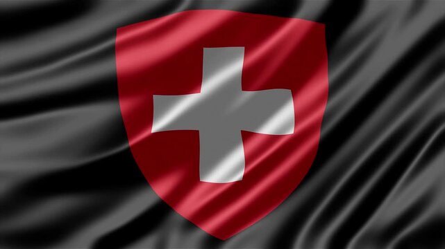 Switzerland coat of arms displayed on a black waving fabric background creating a smooth and elegant motion video animation effect