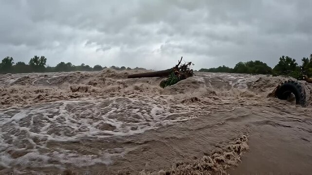 Heavy Brown Floodwater Churning Rapidly With Trapped Debris