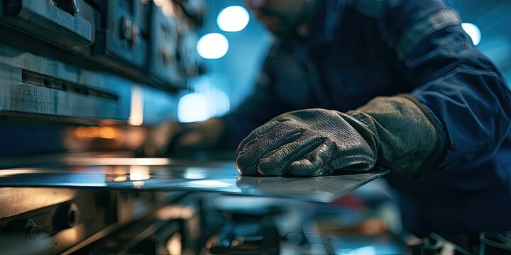A worker in gloves operates a metal bending machine in a dimly lit workshop