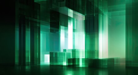 Obraz premium Abstract geometric green forms with light shafts