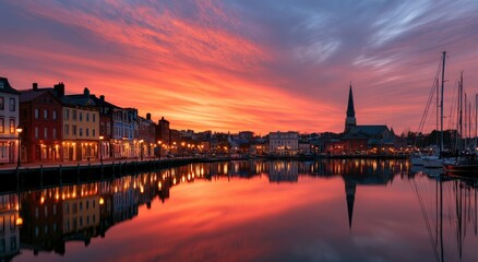 Fototapeta premium Coastal town harbor at sunset, vibrant sky reflected in calm water