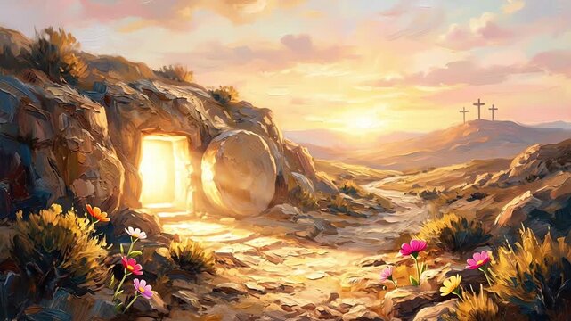 Empty tomb with divine light and three crosses at sunrise. Happy easter. Christian symbol of faith, art illustration painted