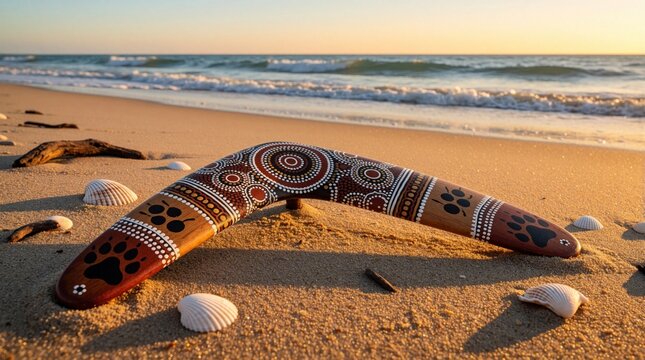 Aboriginal painted boomerang lies on sandy beach near ocean waves at sunset. Seashells and driftwood surround traditional artifact, symbolizing Australian culture and heritage.
