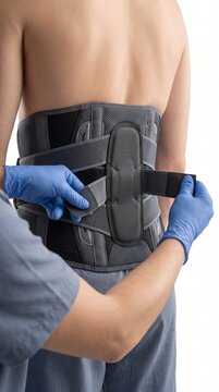 Physiotherapist Adjusting Medical Lumbar Support Brace During Therapy