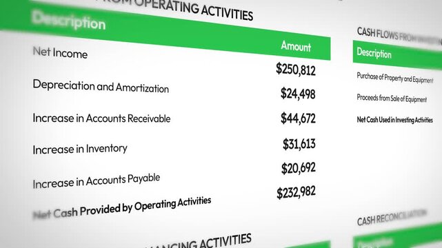 Cash flow statement financial report animation showing detailed operating and financing activities with clear text in 4k footage close up background design