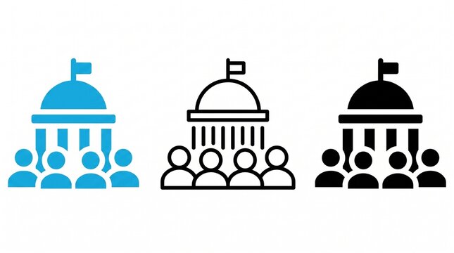 Government building icons showing people gathered in front of capitol structures presented in solid blue black and outline style variations