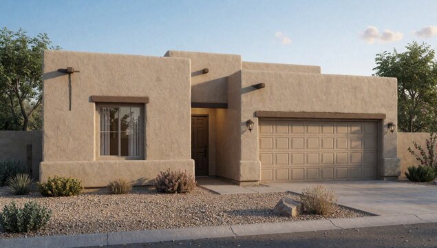 Modern two-story house beige exterior has sloping roof large garage door right side front entrance small windo