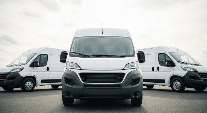 Three white cargo vans parked in a row on an asphalt with a bright cloudy sky in