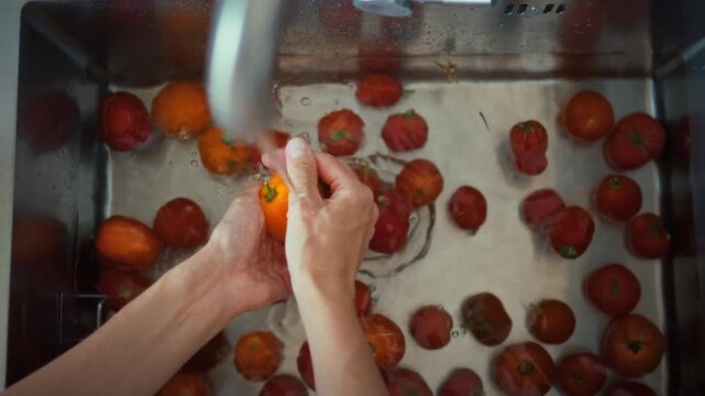 Washing fresh organic yellow and red tomatoes by hand in a steel kitchen sink under running water. Top view close-up in daylight. Theme of seasonal produce and cooking preparation
