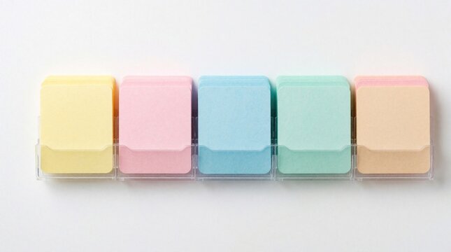 Colorful adhesive sticky note index tabs arranged in neat row. Pastel plastic page markers in yellow, pink, blue, green, orange colors. Set of stationery supplies for office work, school study,