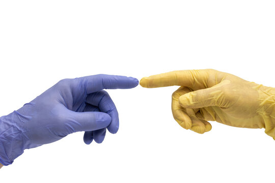 Two hands wearing blue and yellow latex medical gloves pointing fingers toward each other in a touching gesture isolated on a transparent background