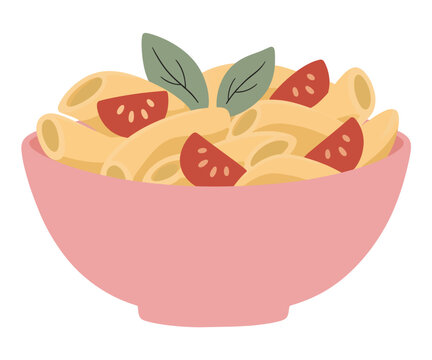 Bowl of penne pasta with tomatoes and basil hand drawn vector illustration