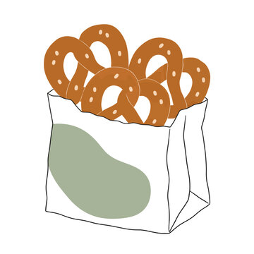 Bag of soft pretzels hand drawn snack food vector illustration