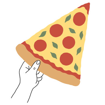 Hand holding pizza slice hand drawn fast food vector illustration