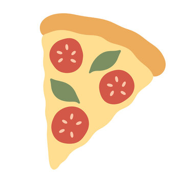 Pizza slice with tomato and basil hand drawn food vector illustration