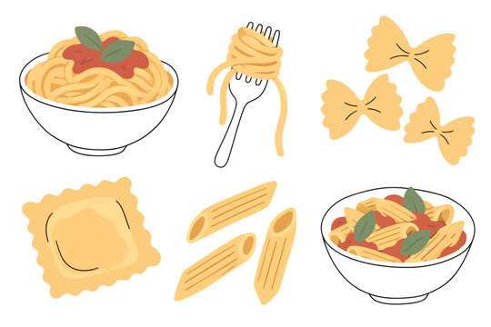 Pasta collection with spaghetti ravioli penne and farfalle hand drawn vector