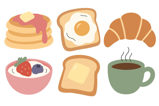 Breakfast food collection with pancakes egg toast croissant yogurt and coffee