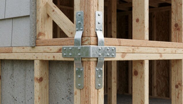 Close-up wooden structure construction appears part larger building there beams concrete wall visible backgrou