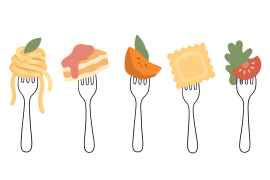 Food bites on forks hand drawn pasta pancake pumpkin ravioli and salad vector set