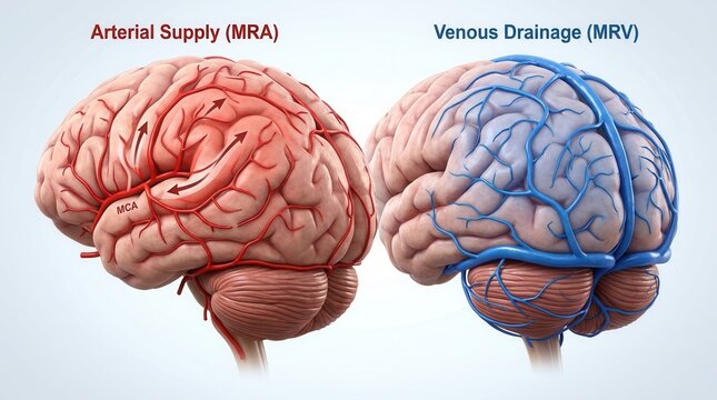 Detailed 3D Medical Illustration Of Human Brain Arterial Supply And Venous Drainage