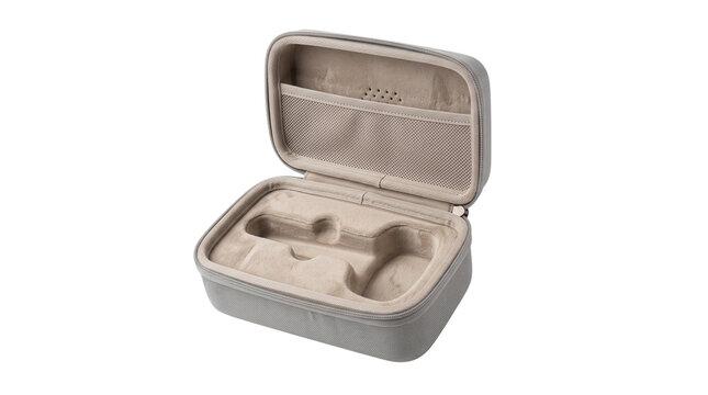 Grey hard shell carrying case with molded interior, protective travel organizer for electronics, portable storage bag for tech accessories