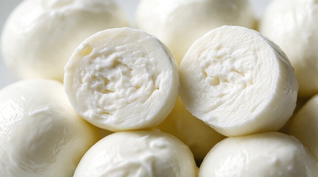 Macro shot of fresh Italian mozzarella balls. Creamy white bocconcini cheese pieces show soft texture, organic curd. Close up of dairy product balls for cooking Mediterranean salad healthy snack.