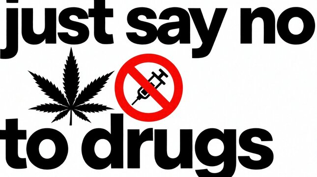 Anti drug campaign poster with marijuana leaf and syringe in prohibition symbol. Text reads just say no to drugs. Warning about drug abuse and addiction.