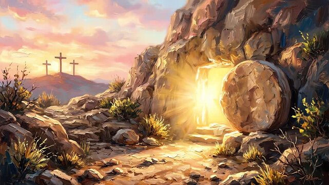 Open tomb of jesus with divine light and crosses at sunrise. Happy easter. Christian symbol of faith, art illustration painted