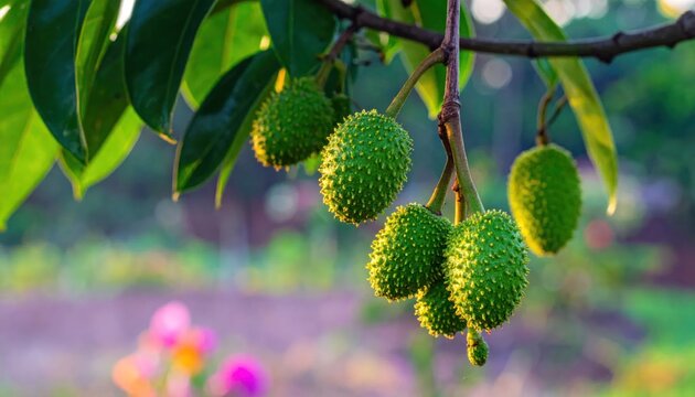 Tropical soursop fruits hanging on a tree.