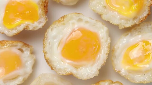 Fried quail eggs arranged in a row, slowly rotating on a white background. Top view shot